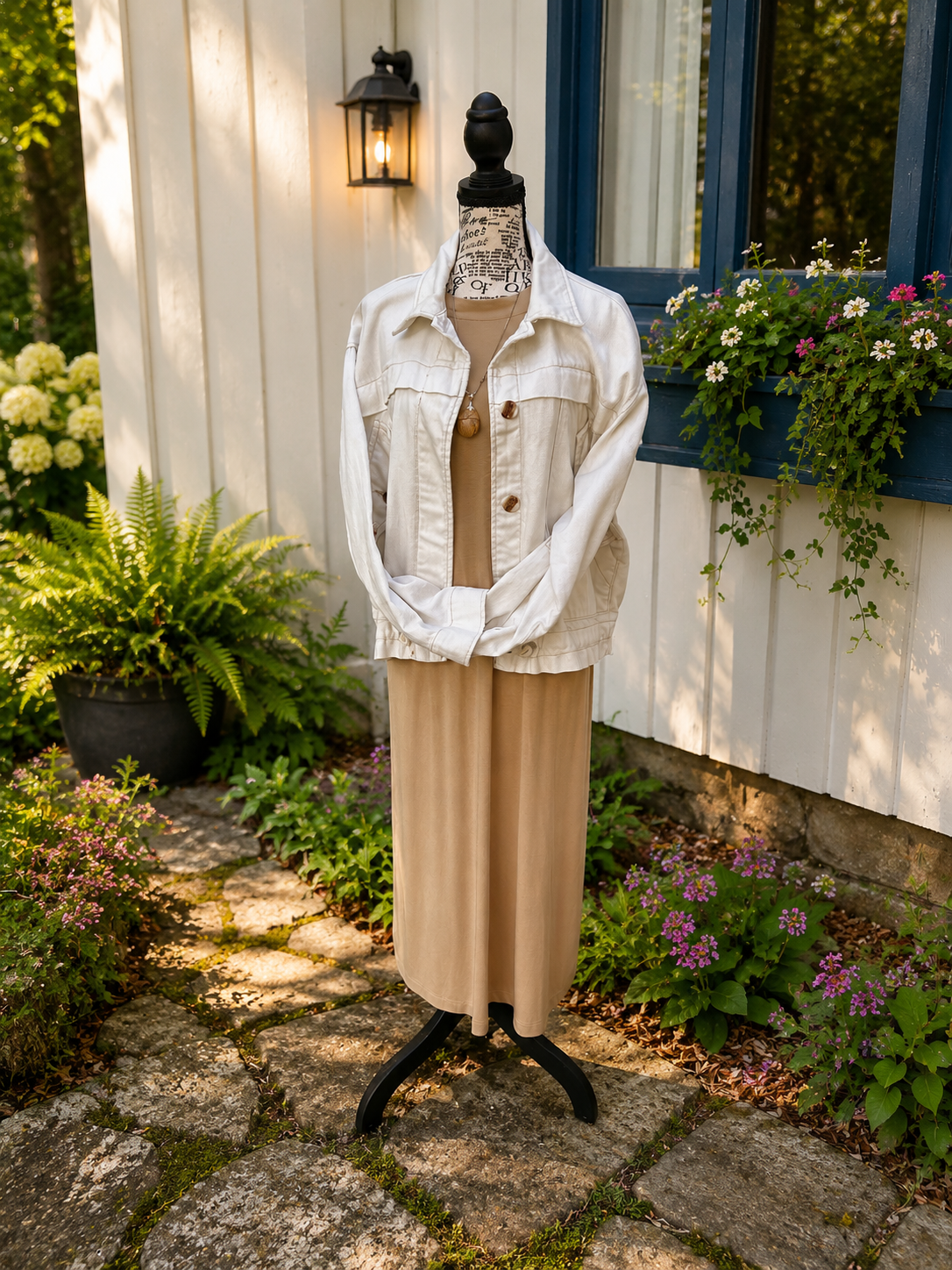 Mannequin wearing a beige dress and white jacket in a garden setting