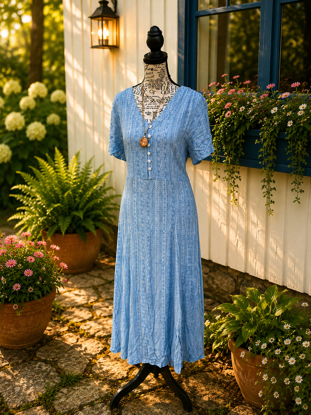 Blue dress on a mannequin in a garden setting with plants and flowers.