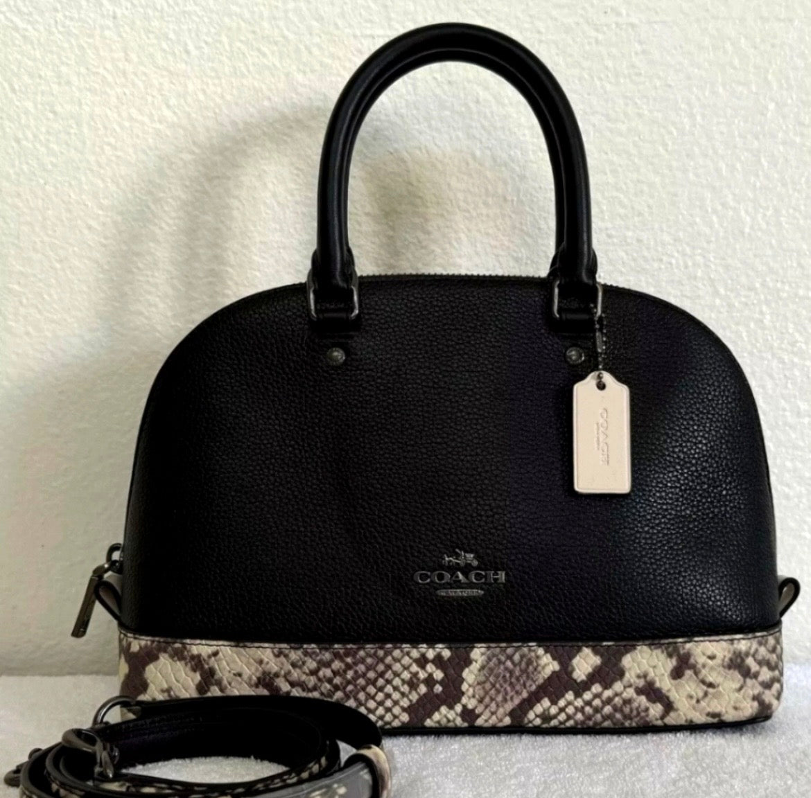NWT Black Coach Mini Sierra Satchel  with Snake-print Trim