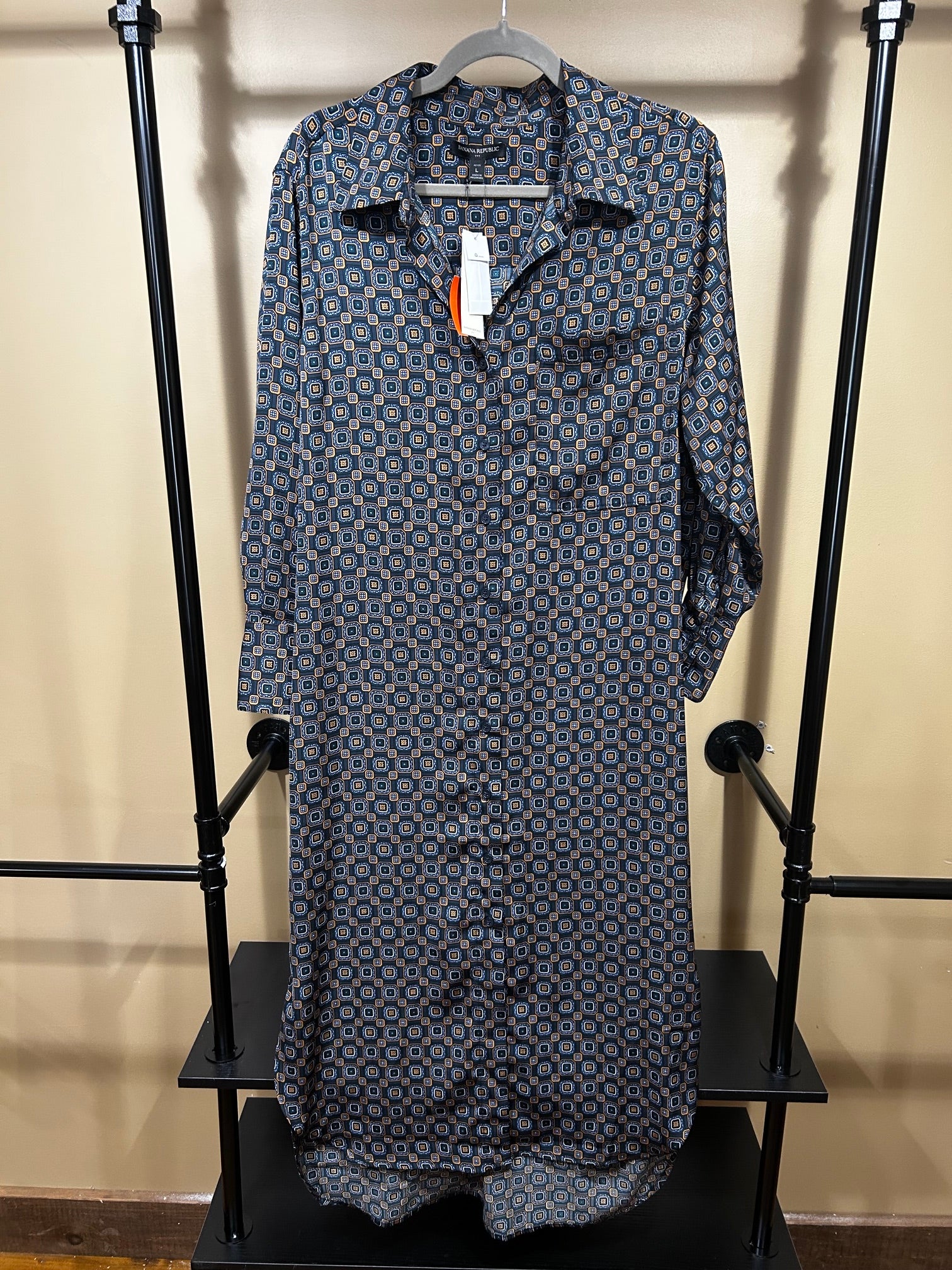 Navy Blue Geometric Print Banana Republic NWT Long-Sleeve Shirt Dress, L