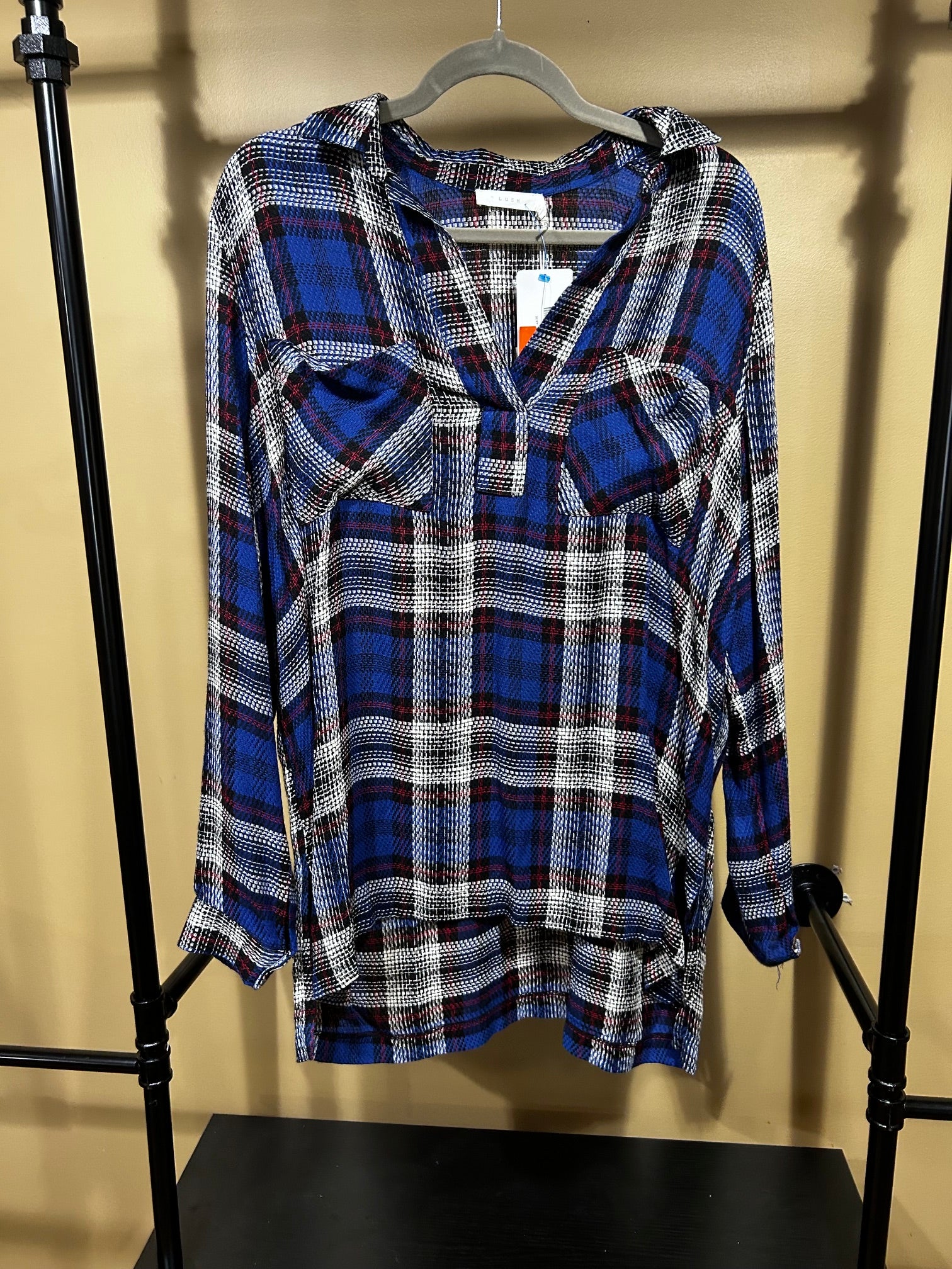 Blue Plaid Lush Button Down Top, L