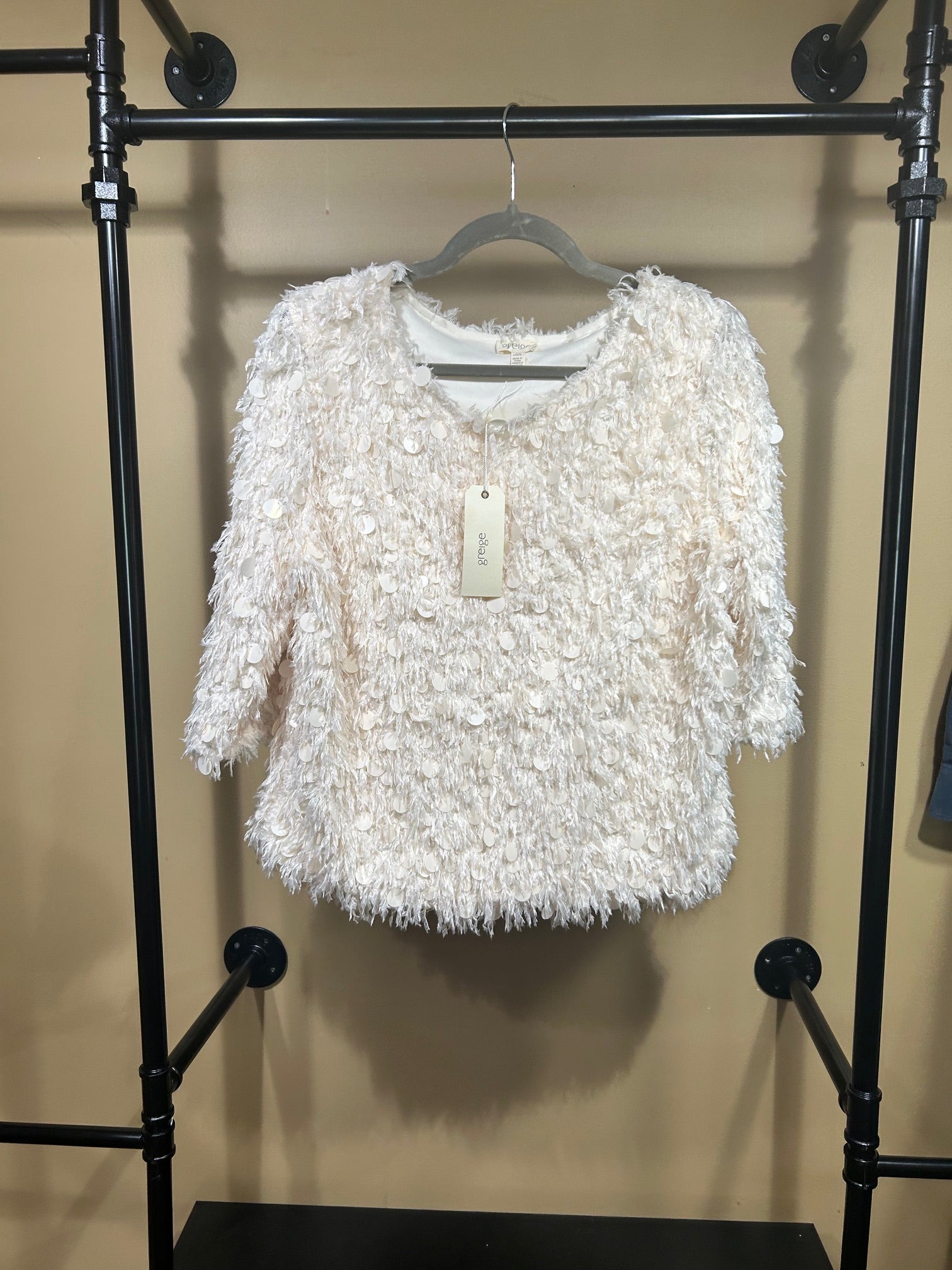 Cream Greige NWT Shaggy Sequin Top, L