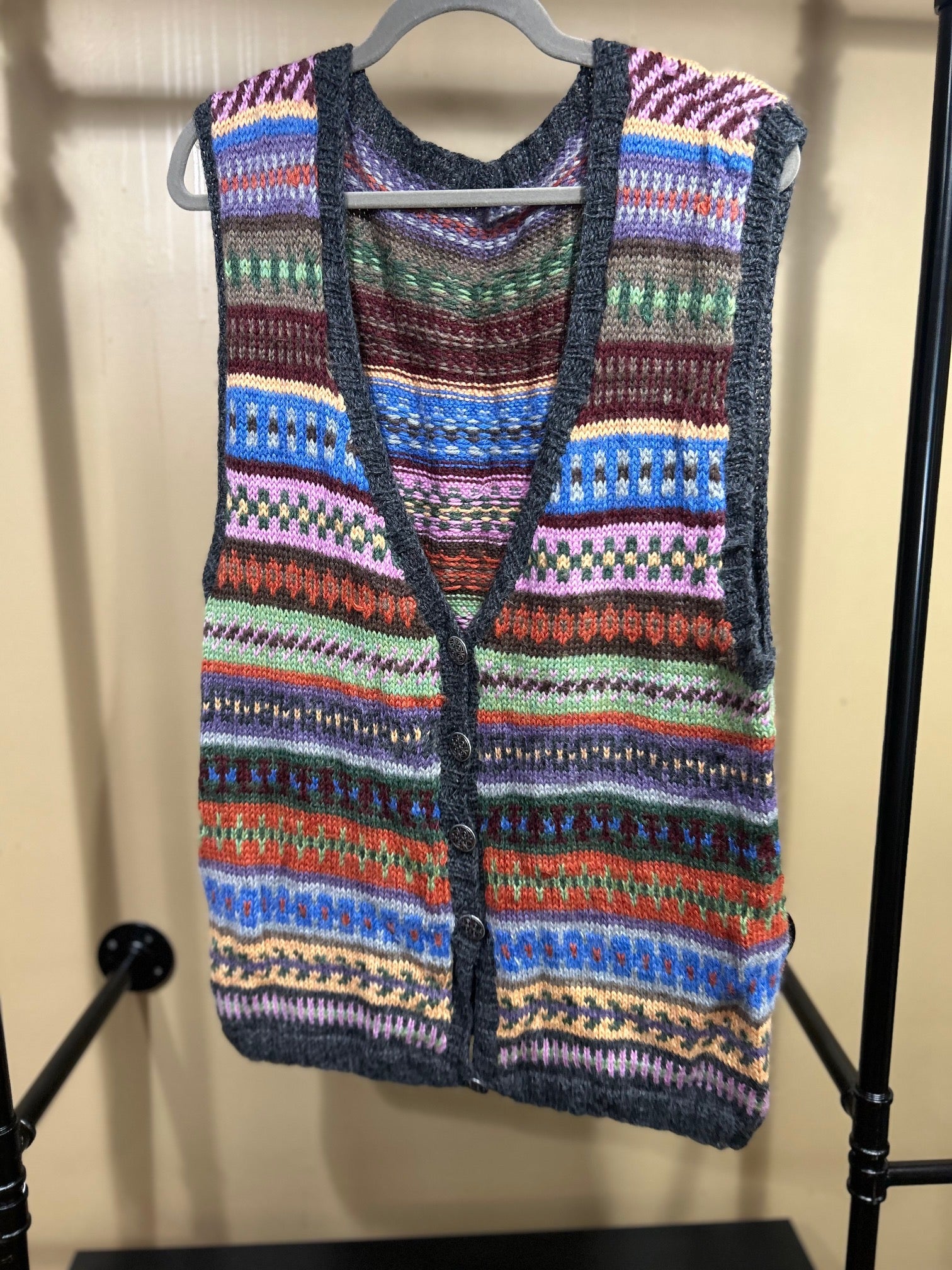 Multicolored No Brand Label Merino Handknit Vest, L/XL