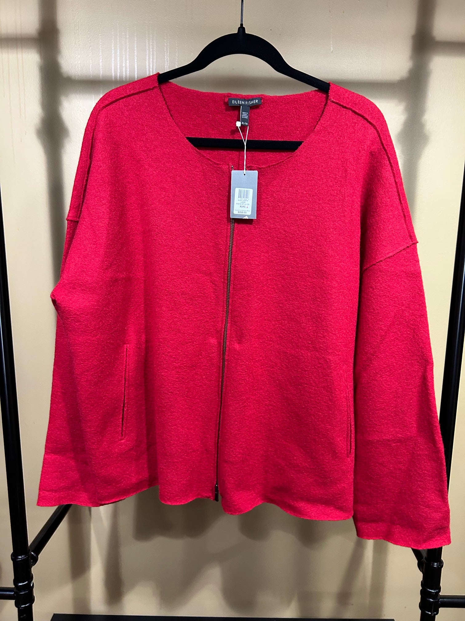 Red Eileen Fisher NWT Boiled Wool Zip-Up Sweater, XL