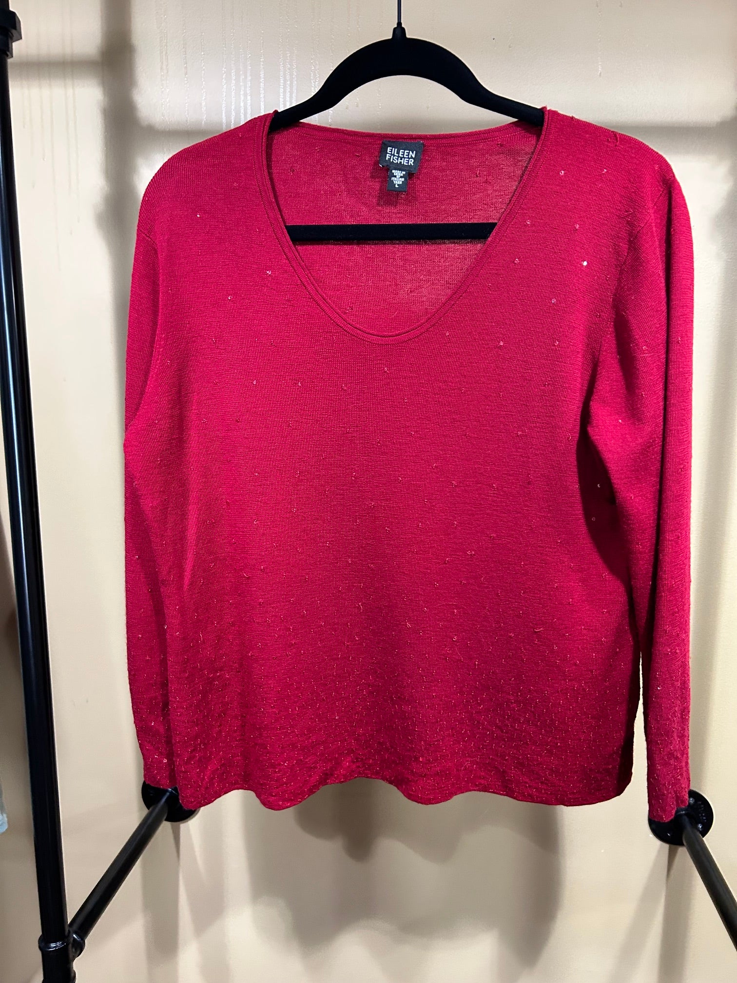 Red Eileen Fisher 100% Merino Wool Sweater with SEQUINS!, L
