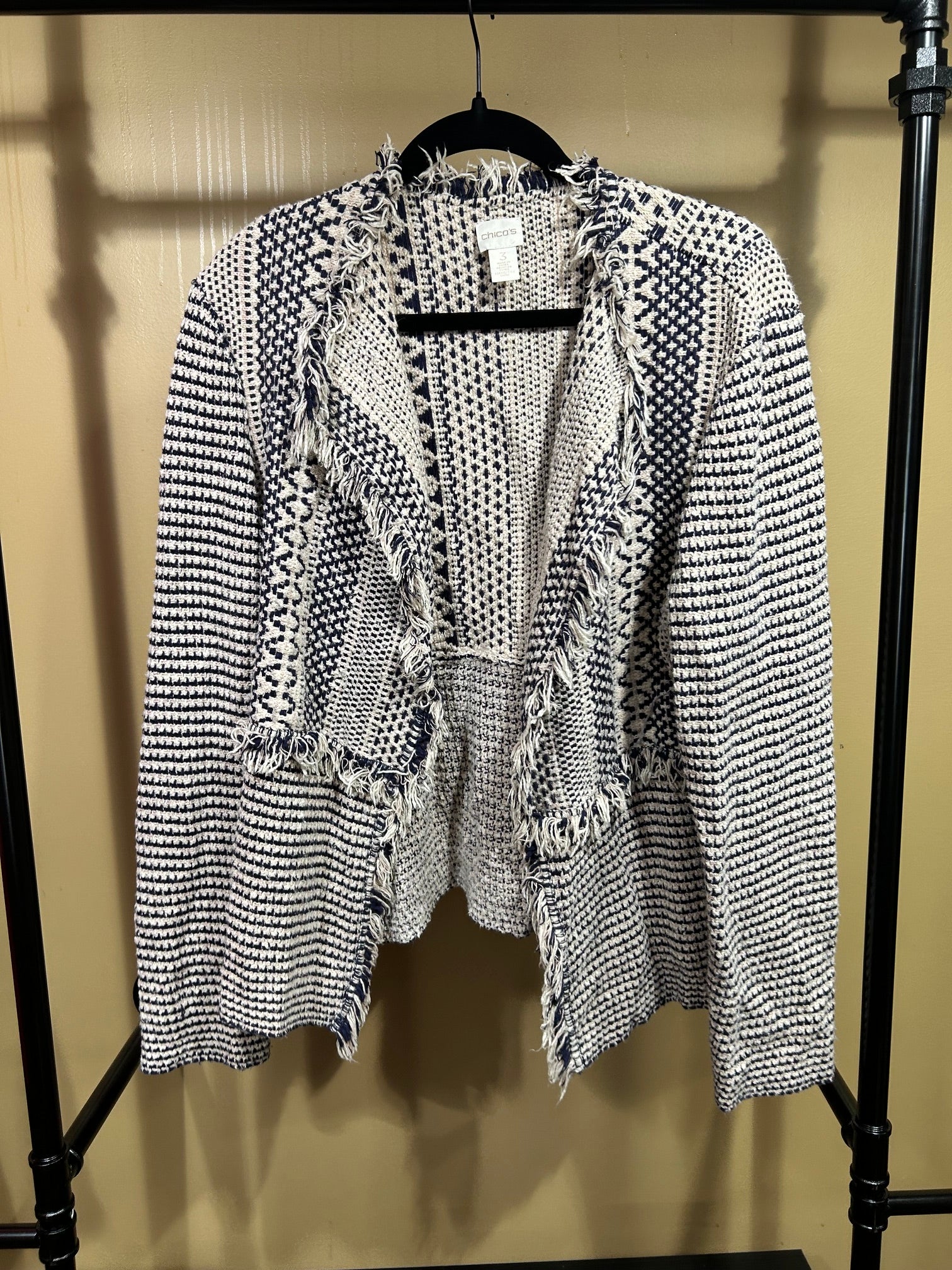 Blue and Cream  Chicos Fringed Cotton- Blend Blazer, 3