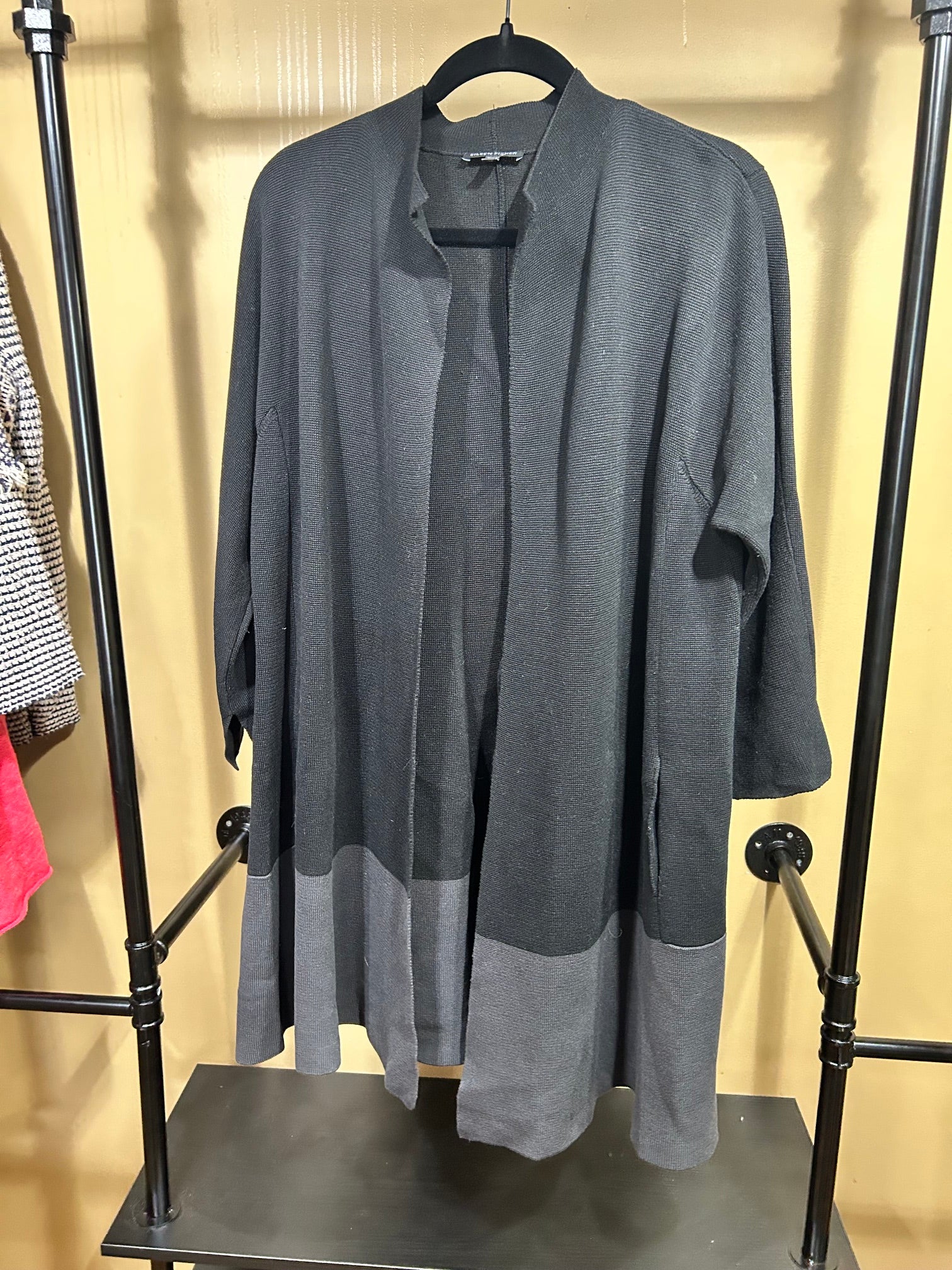 Black and Gray Eileen Fisher Longline Silk and Cotton Duster, L