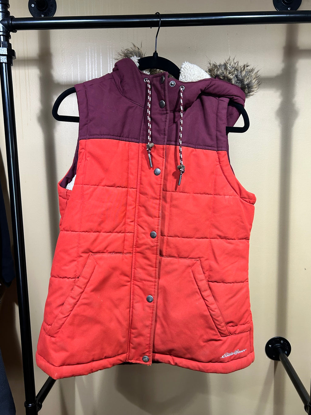 Red and Maroon Eddie Bauer Hooded Vest, M