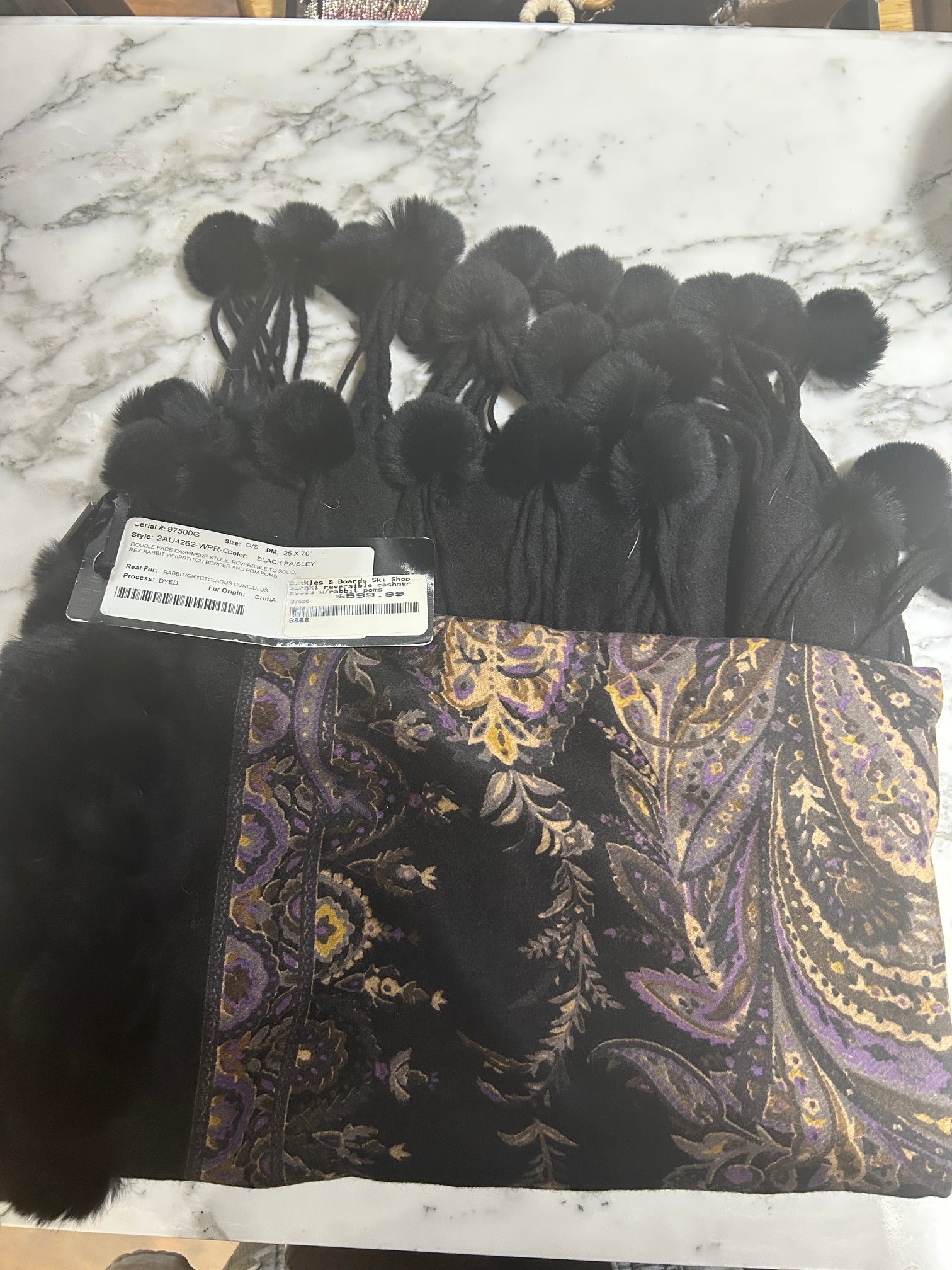 Black Paisley Gorski NWT $599 Cashmere & Rabbit Stole, OS