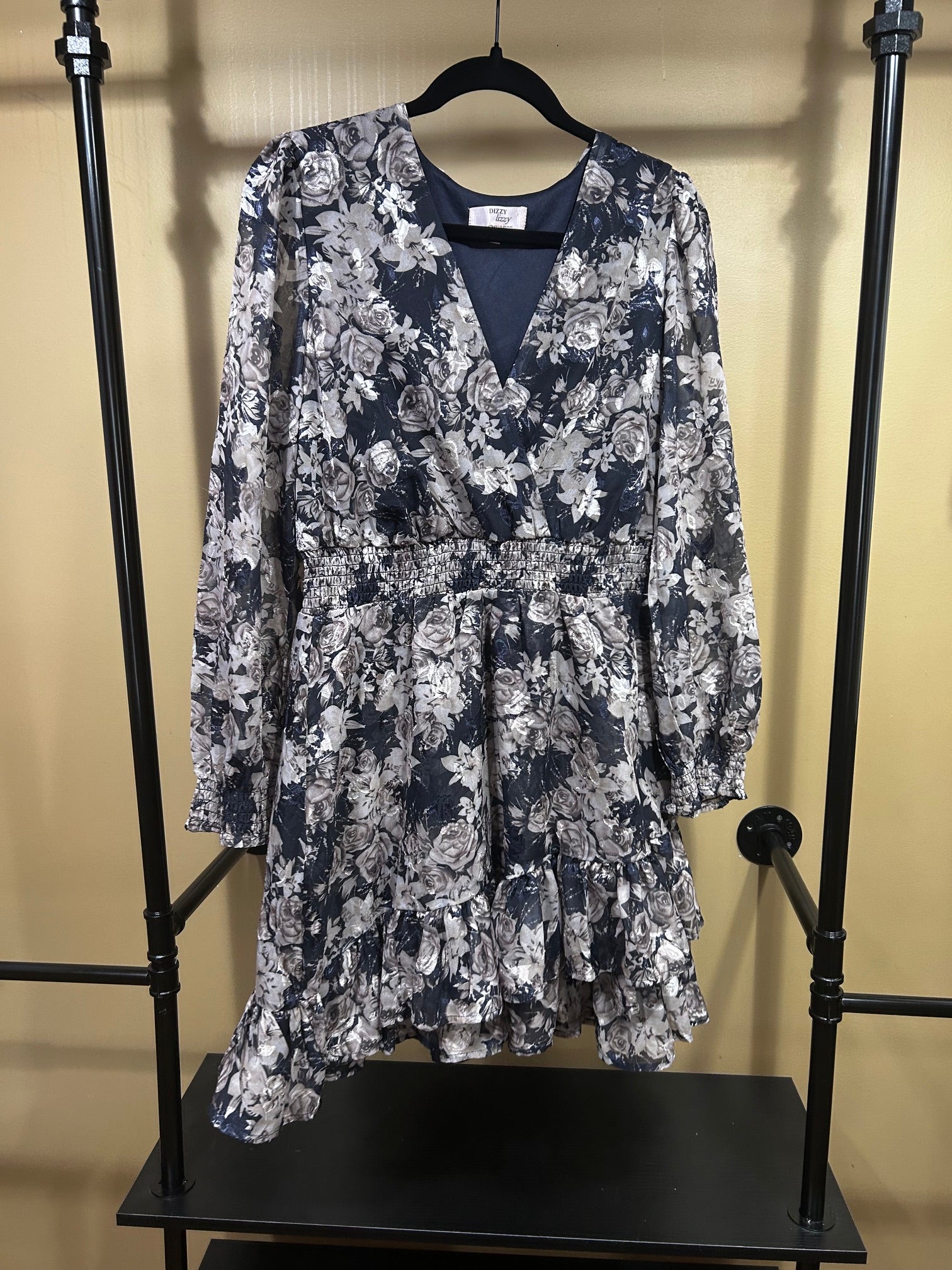 Black Floral Dizzy Lizzy  Faux Wrap Ruffle Dress, L