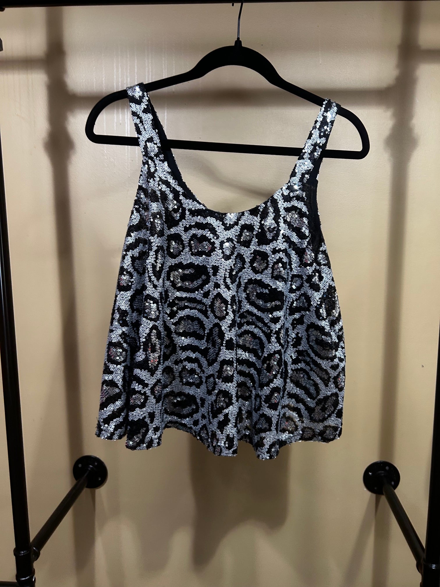 Silver & Black Animal Print Saints & Hearts Sequin Top, M/L