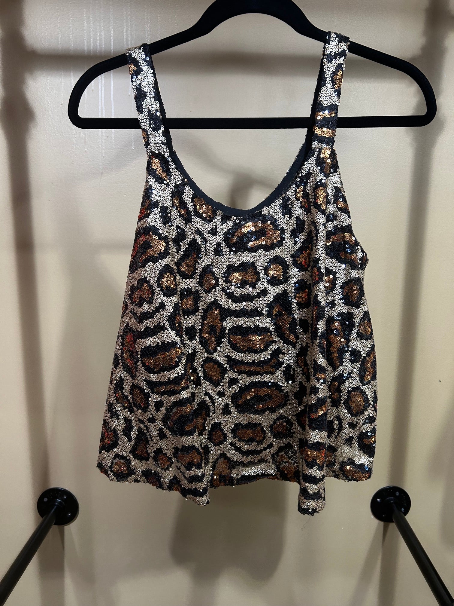 Gold & Black Leopard Print Saints & Hearts Sequin Top, M/L