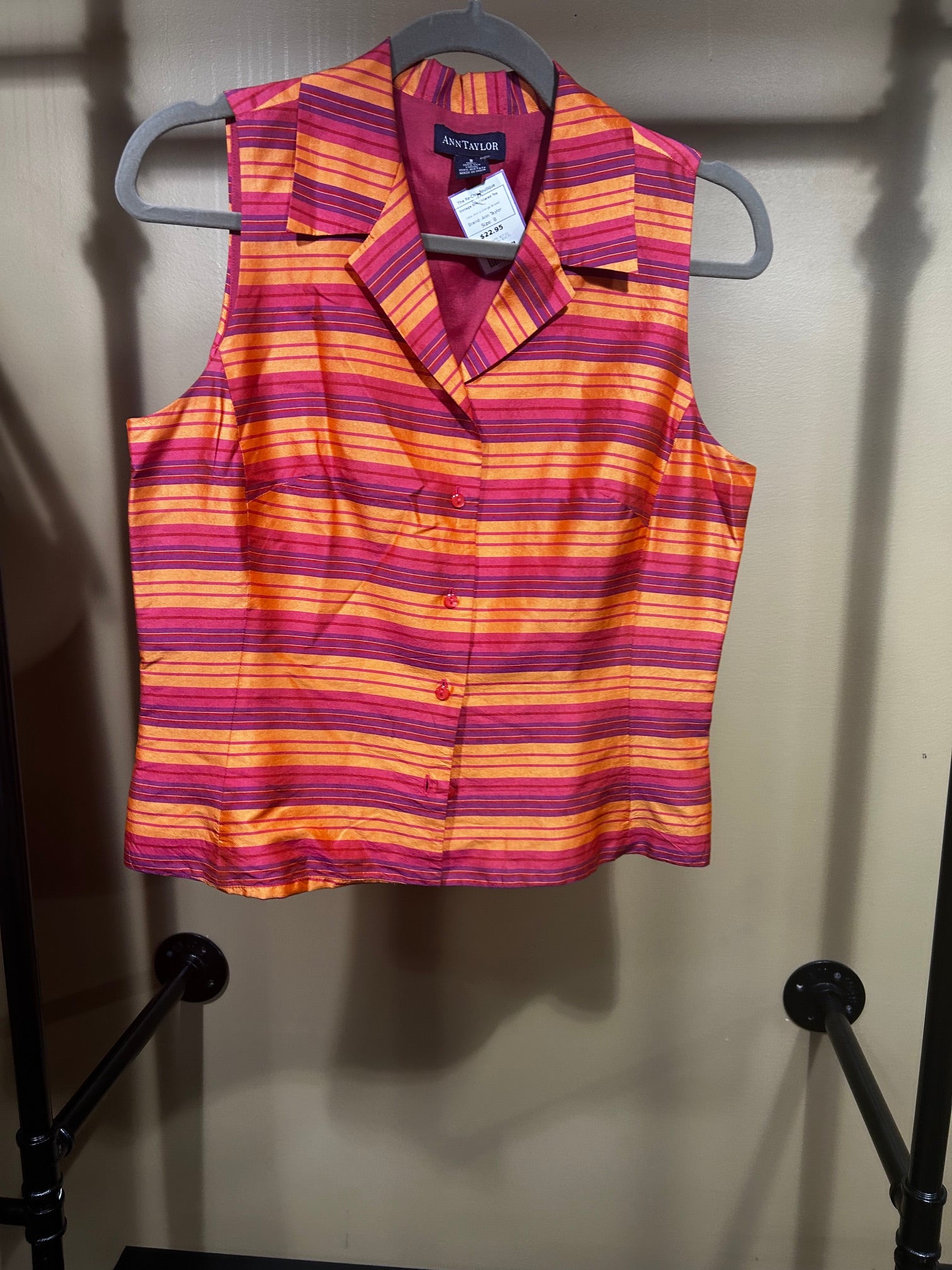Pink & Orange Striped Ann Taylor Vintage Silk Collared Top, 8