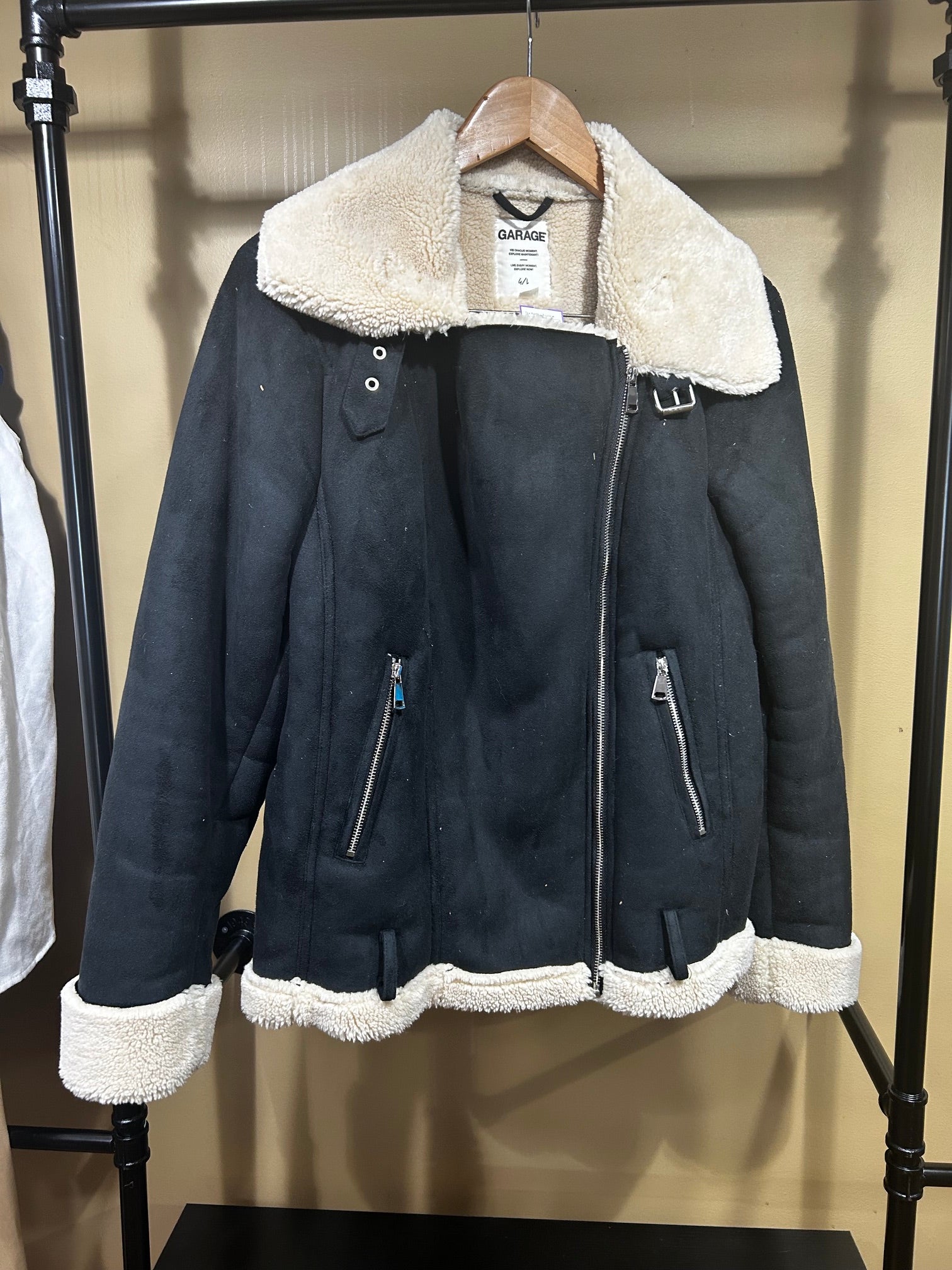 Black  Garage Aviator Jacket with Sherpa Lining, L