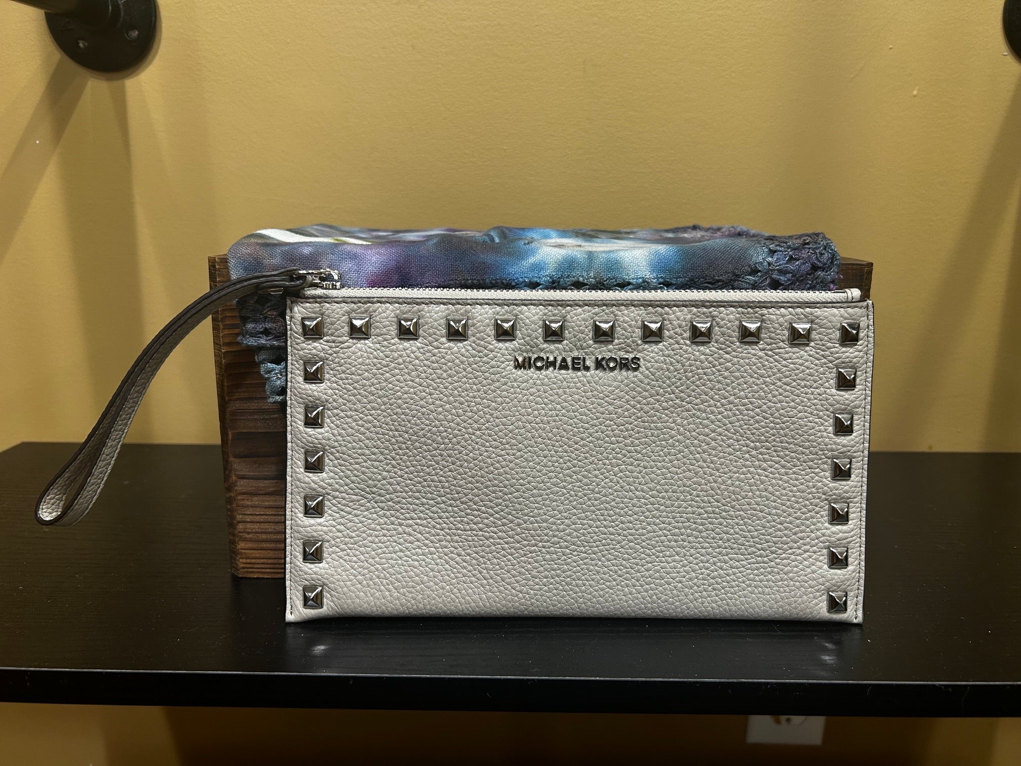 Cream Michael Kors Jeweled  Pebbled Leather Wristlet, OS