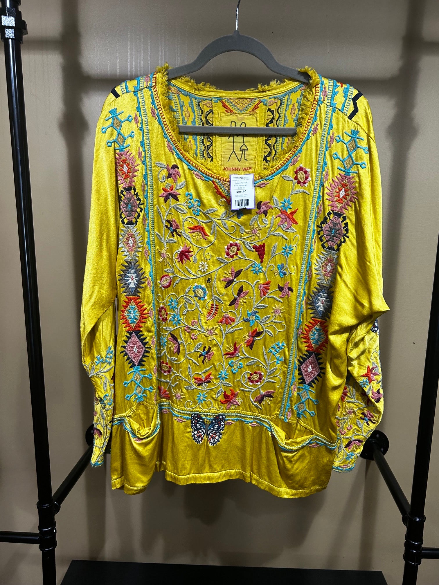 Yellow Johnny Was Boho Embroidered  Tunic, XL