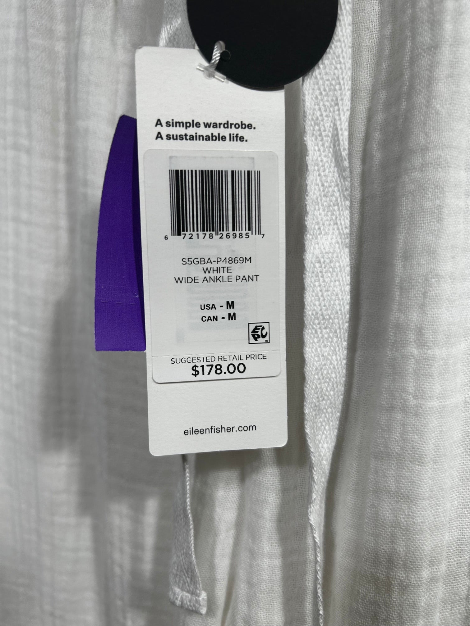 White Eileen Fisher NWT $178  100% Cotton Pants , M