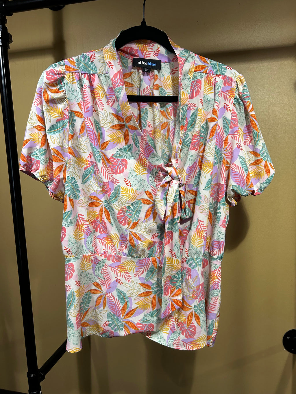 Multicolored Alice Blue Tie Neck Top, XL