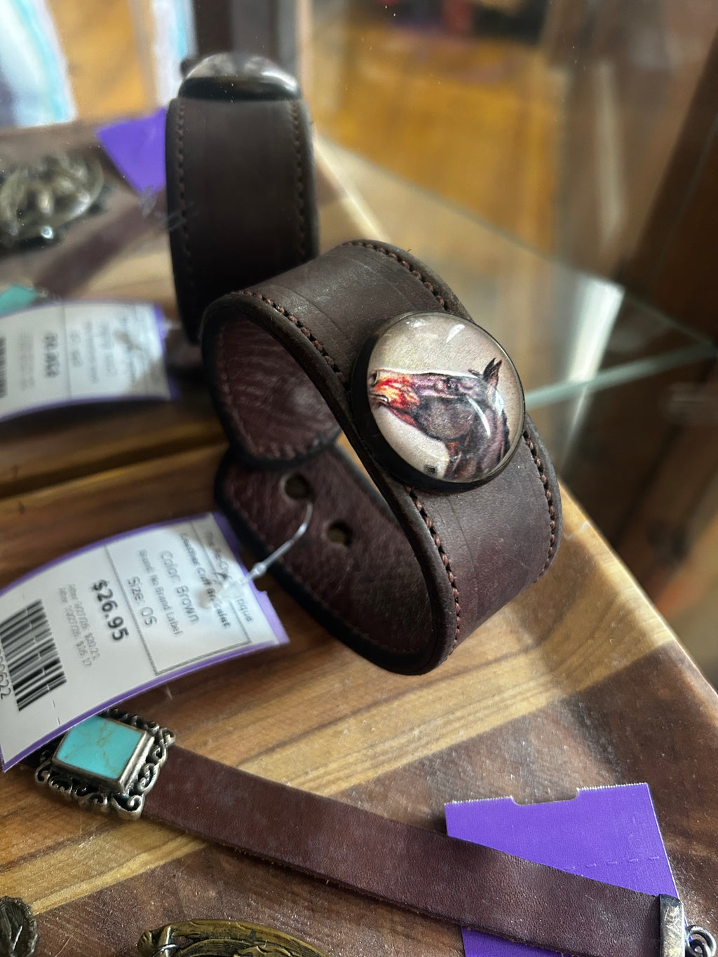 Brown No Brand Label Leather Cuff Bracelet, OS