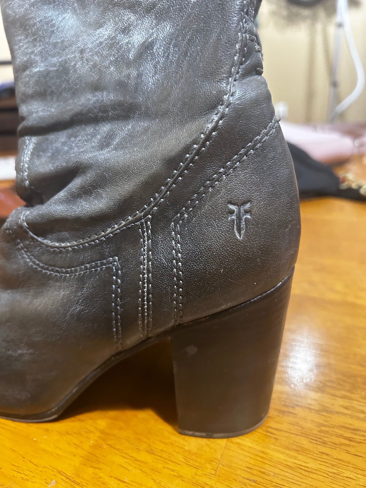 Distressed Charcoal Gray Frye $400 Carson Tab Tall Boots, 10