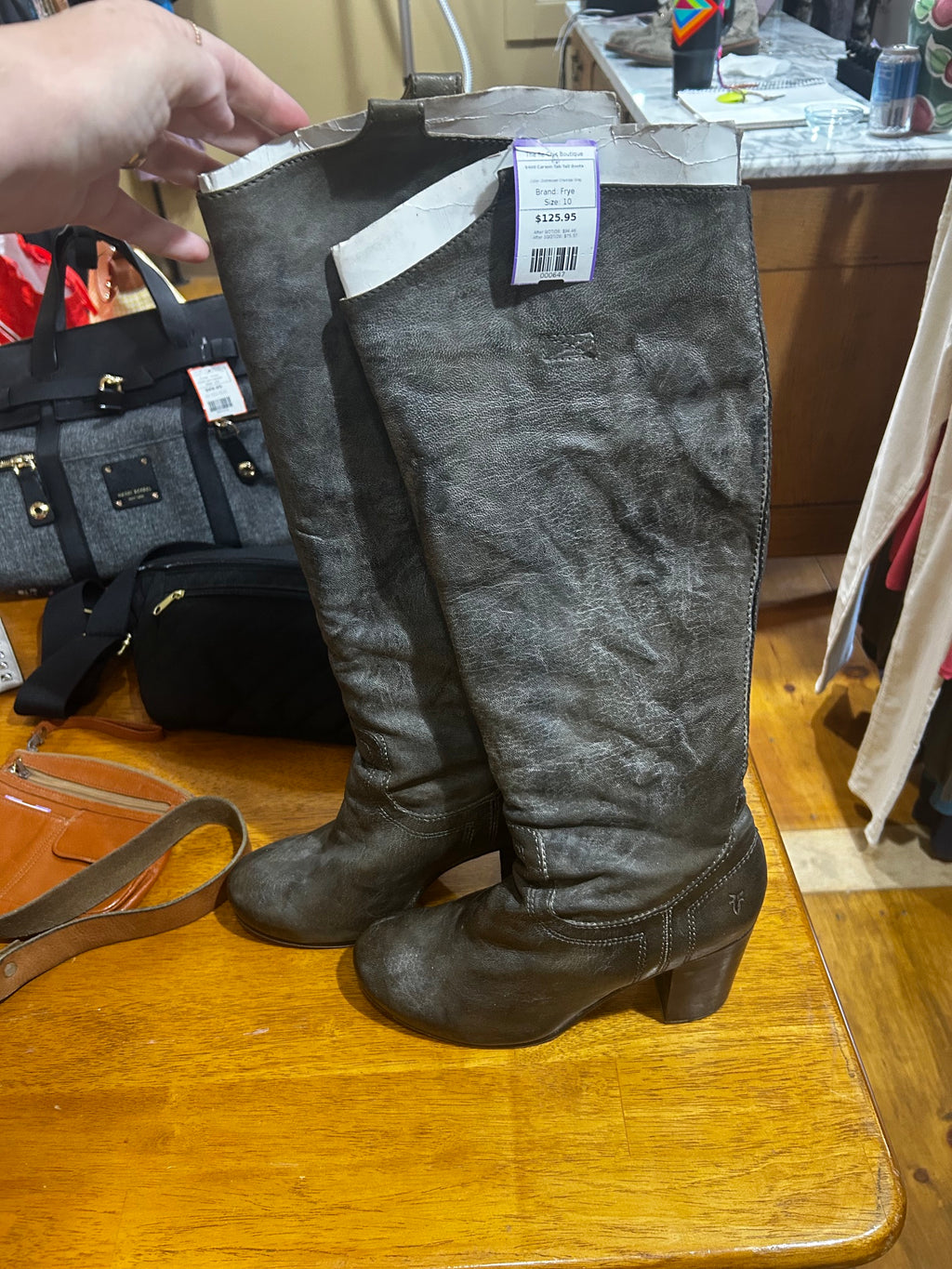 Distressed Charcoal Gray Frye $400 Carson Tab Tall Boots, 10