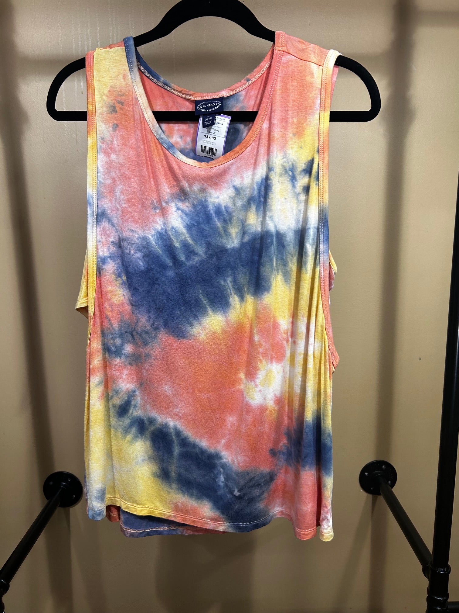 Blue, Yellow, Orange Scoop Tie-Died Tank, XL