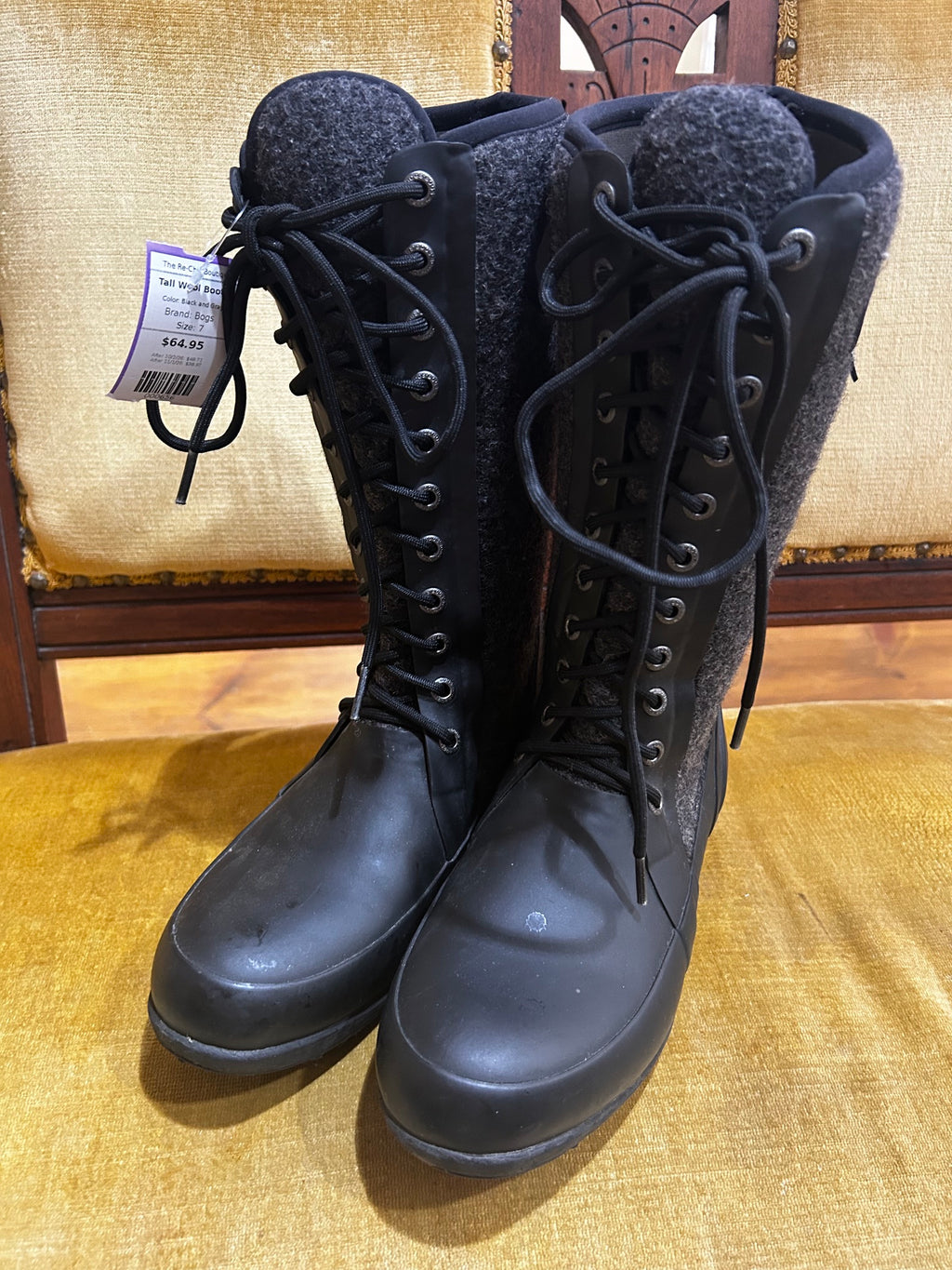 Black and Gray Bogs Tall Wool Boots, 7