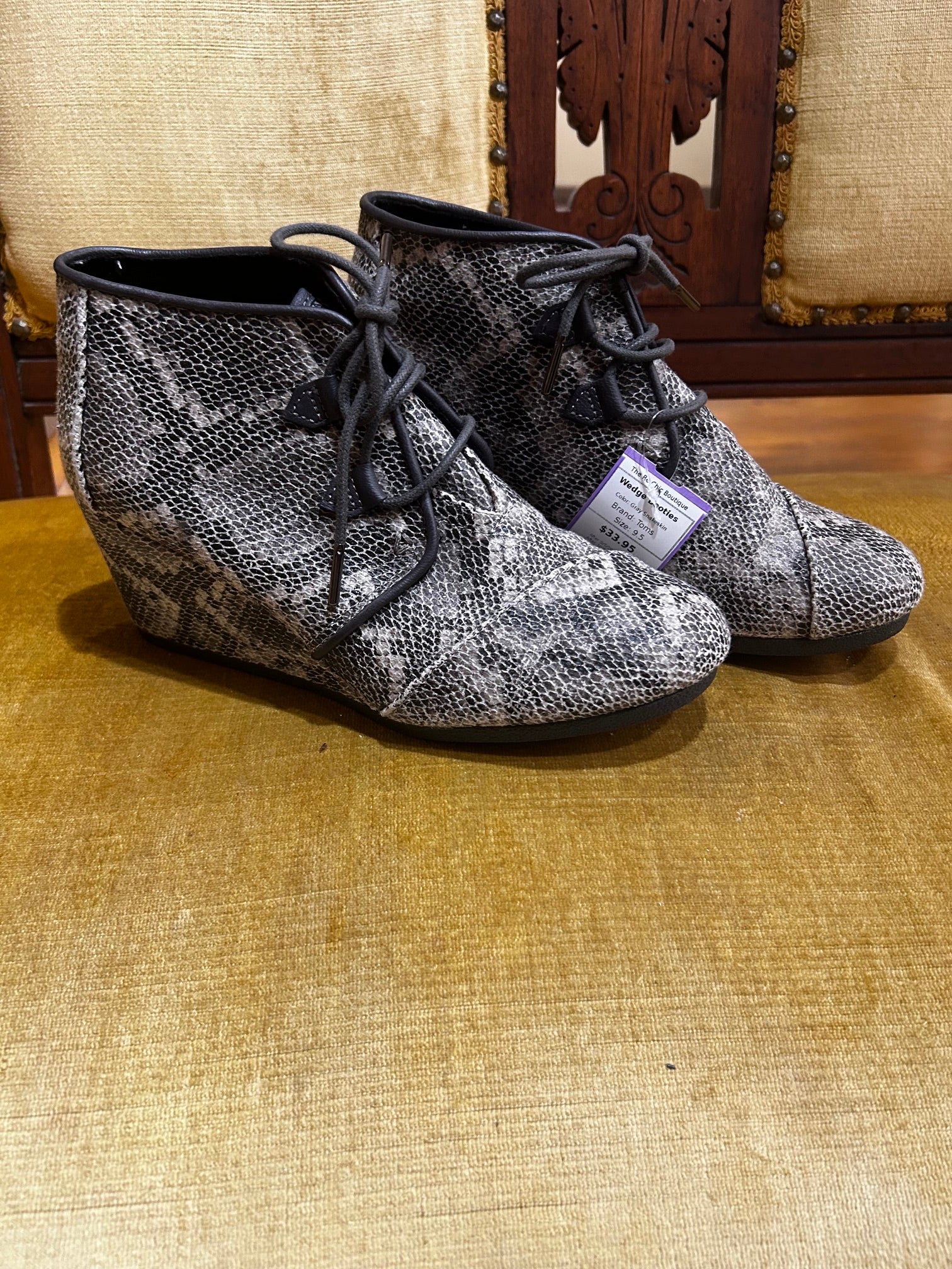 Gray Snakeskin Toms Wedge Booties, 9.5