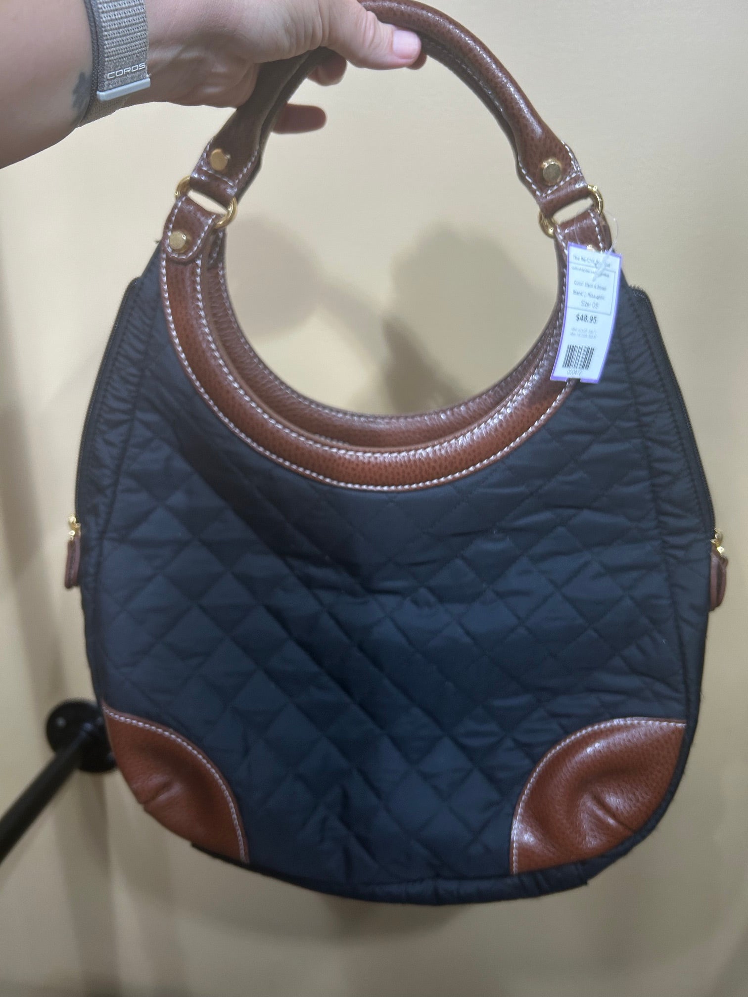 Black & Brown J. McLaughlin Quilted Nylon/Leather Handbag, OS