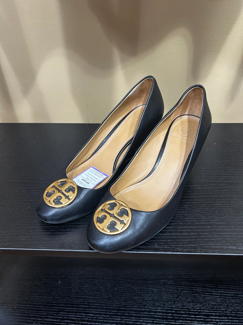 Black and Gold Tory Burch Chelsea Wedge Pumps, 9