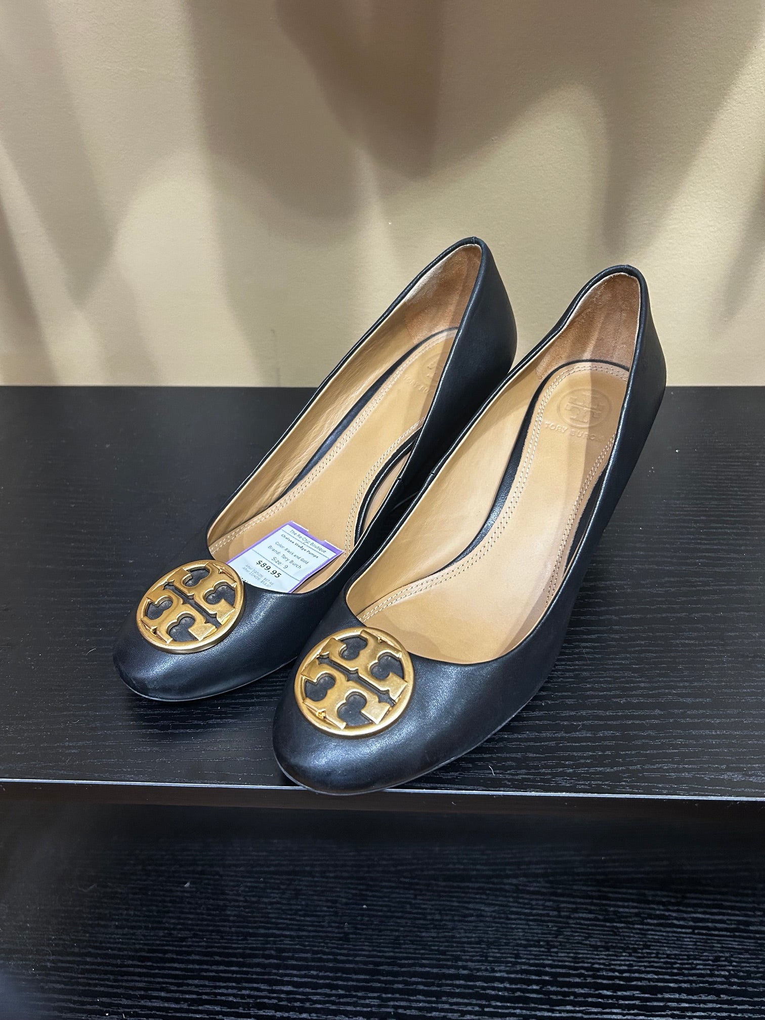 Black and Gold Tory Burch Chelsea Wedge Pumps, 9