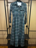 Green Plaid No Brand Label 100% Poly Long-Sleeve Button Down Maxi Dress, S