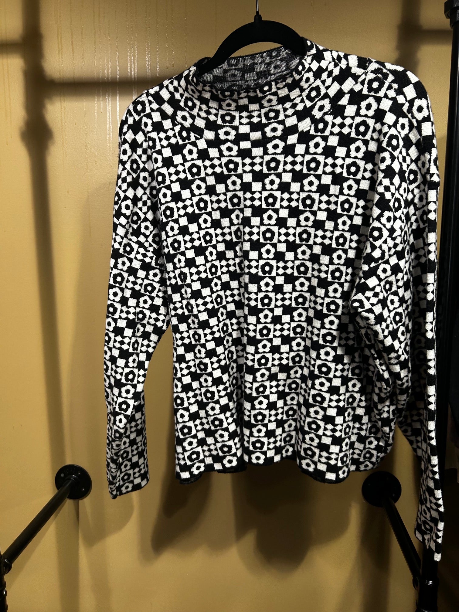 B&W Checkered Maeve Carys Mock Neck Sweater, L