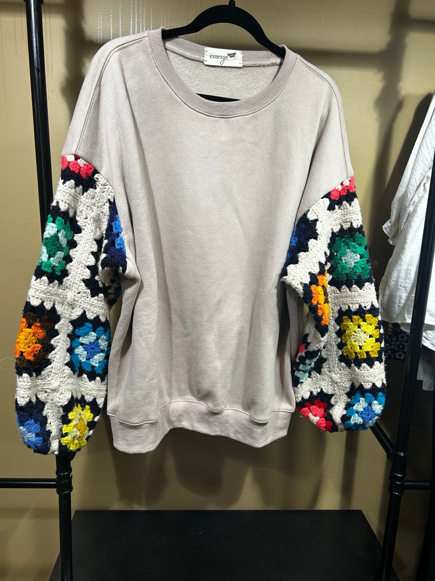 Tan Emerge Sweatshirt with Granny Square Sleeves, L/XL
