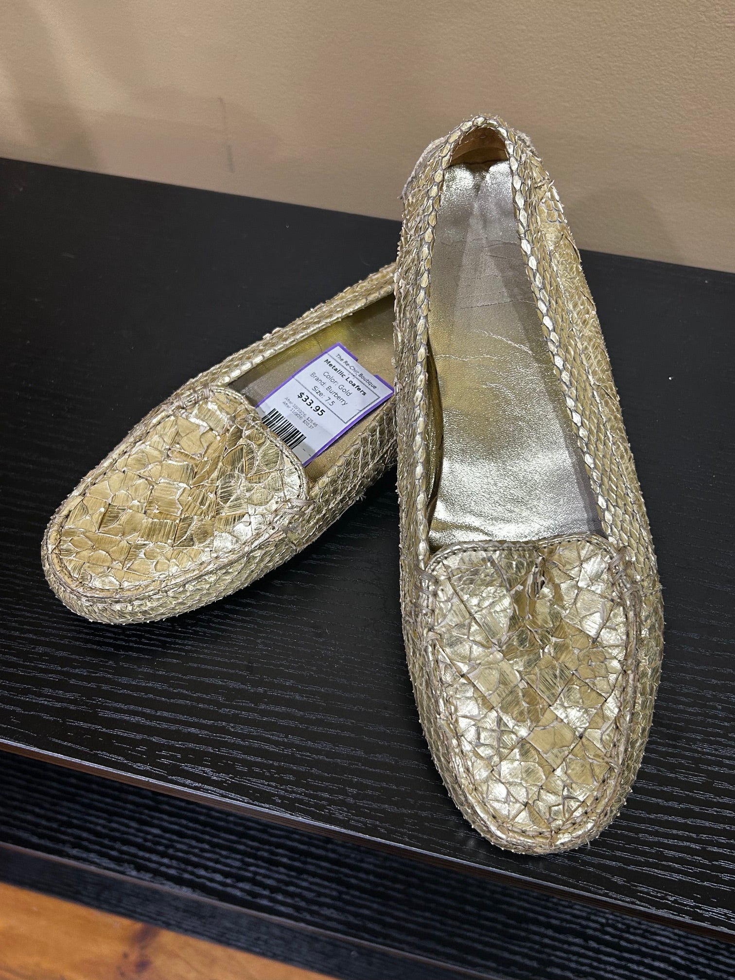 Gold Burberry Metallic Loafers, 7.5
