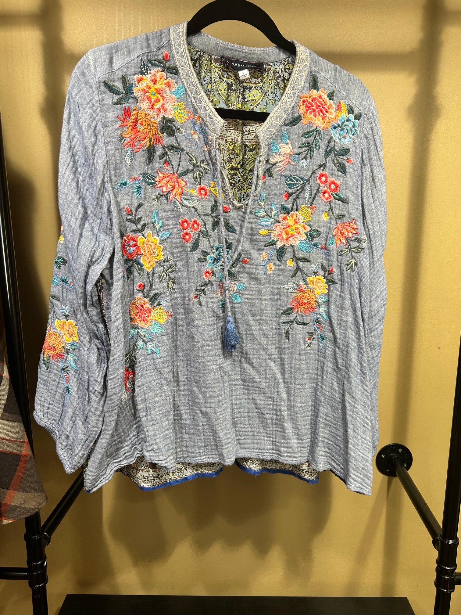 Blue Embroidered Johnny Was Peasant Blouse, L