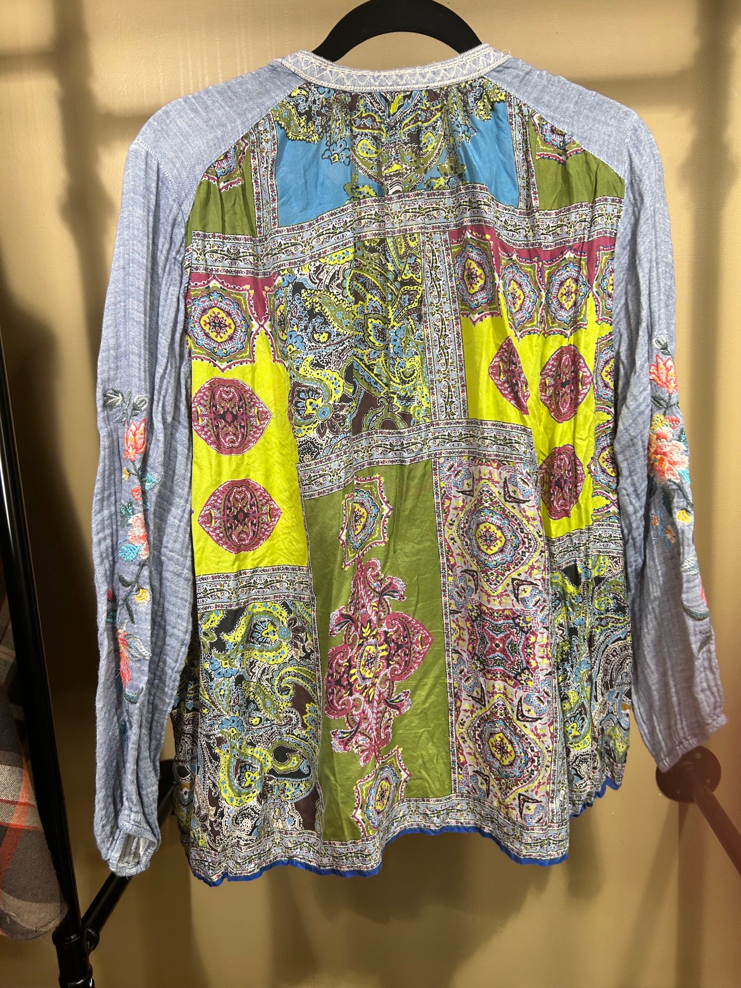 Blue Embroidered Johnny Was Peasant Blouse, L