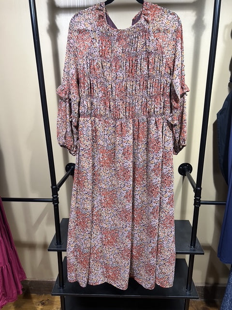 Brown Flower Print MNG Long-Sleeve Dress, S