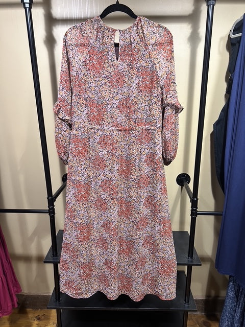 Brown Flower Print MNG Long-Sleeve Dress, S