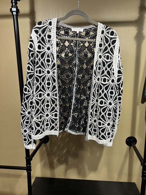 Black and White Solitaire Crocheted Cardigan, L