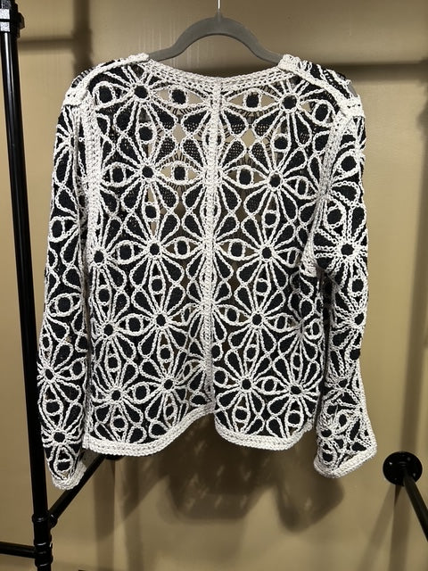 Black and White Solitaire Crocheted Cardigan, L