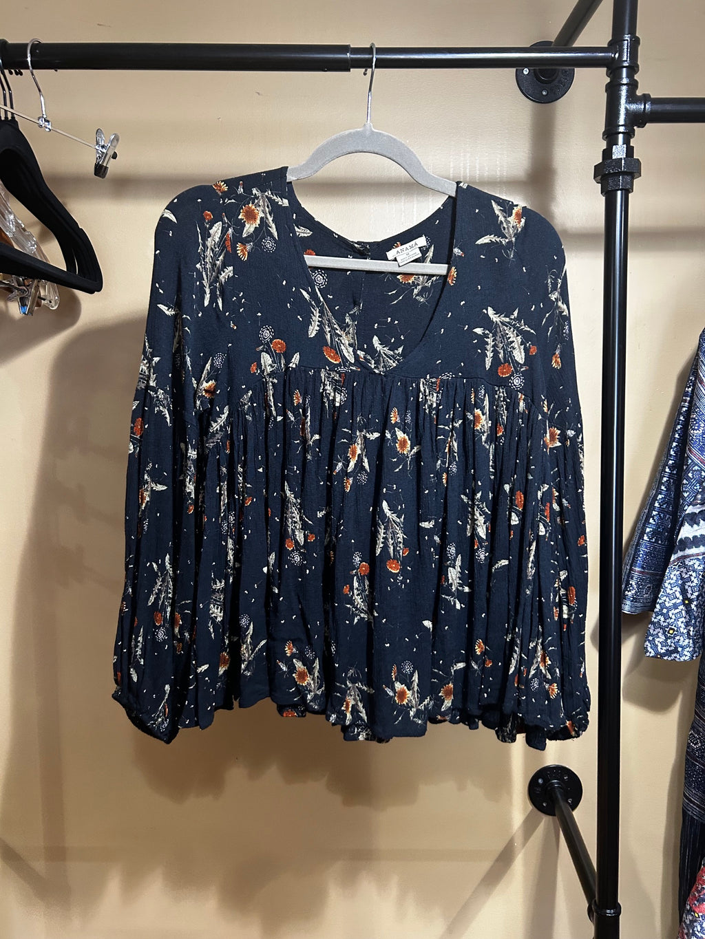 Black Floral Print Anama Boho Long-Sleeve Top, M