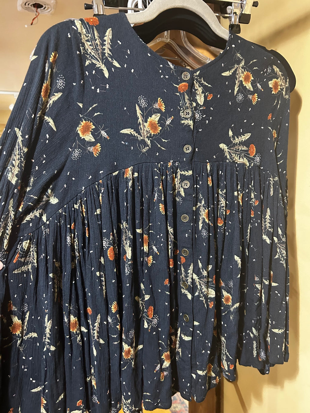 Black Floral Print Anama Boho Long-Sleeve Top, M