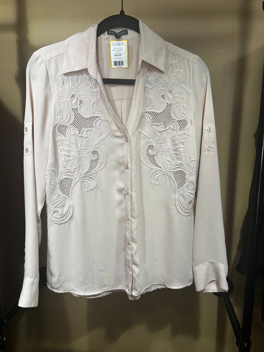 Cream Express Embroidered Lace Button Down, S
