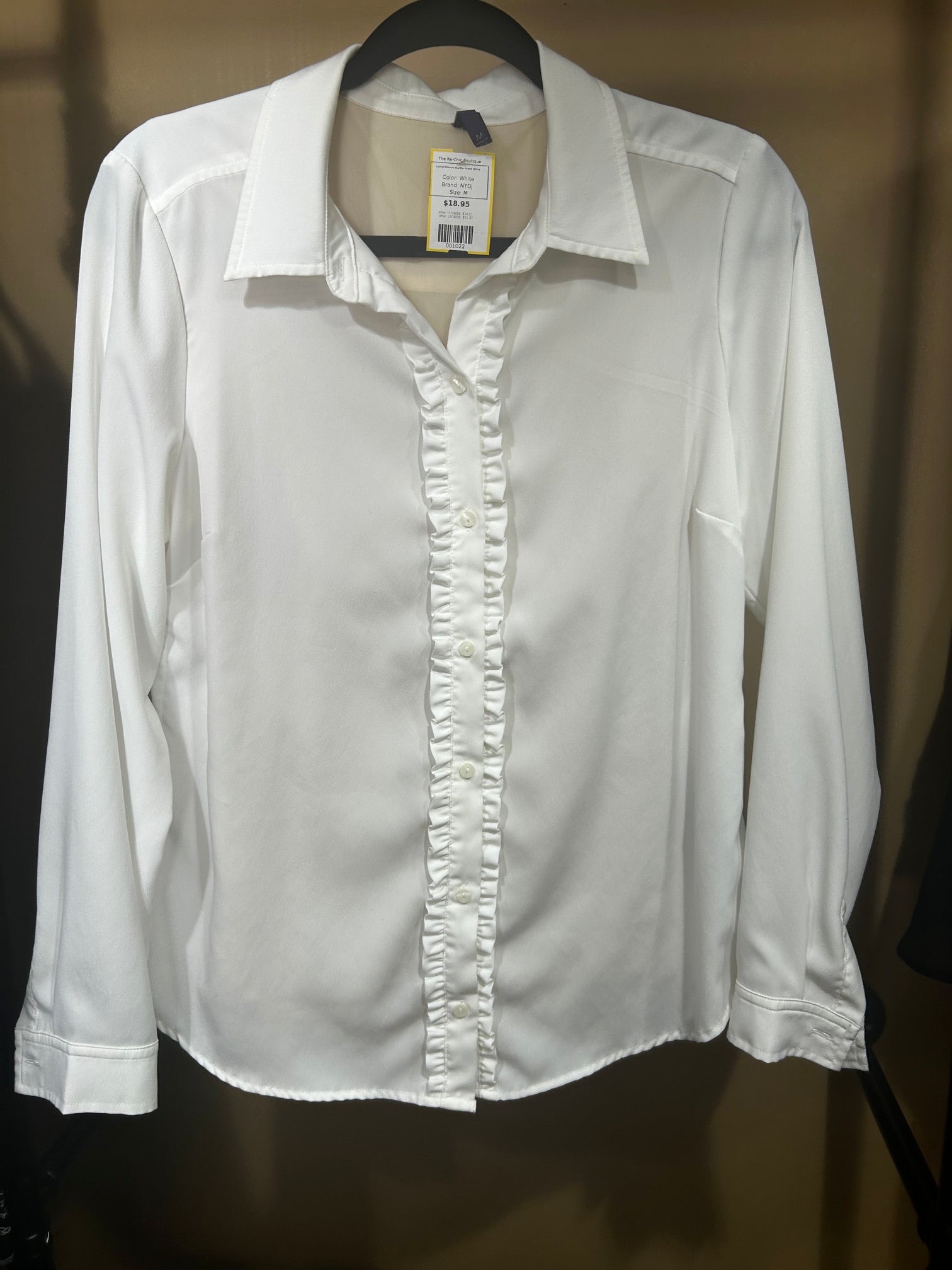 White NYDJ Long-Sleeve Ruffle Front Shirt, M