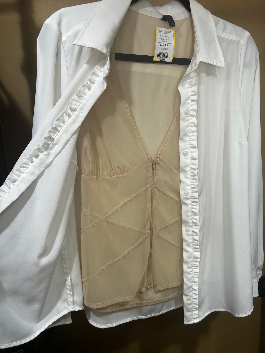White NYDJ Long-Sleeve Ruffle Front Shirt, M