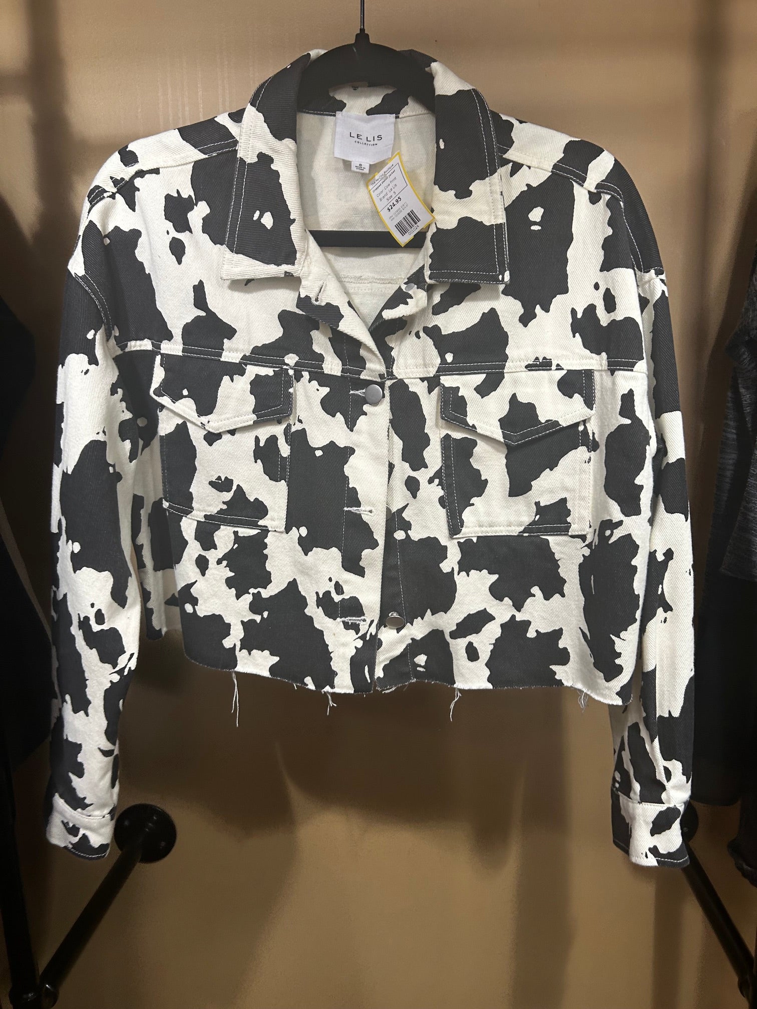 Cow Print Le Lis Cropped Denim Jacket, S