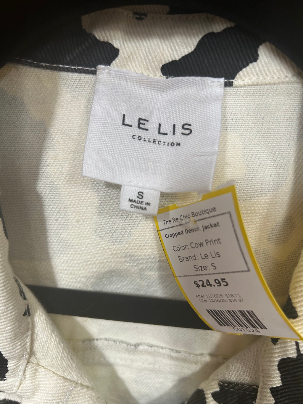 Cow Print Le Lis Cropped Denim Jacket, S