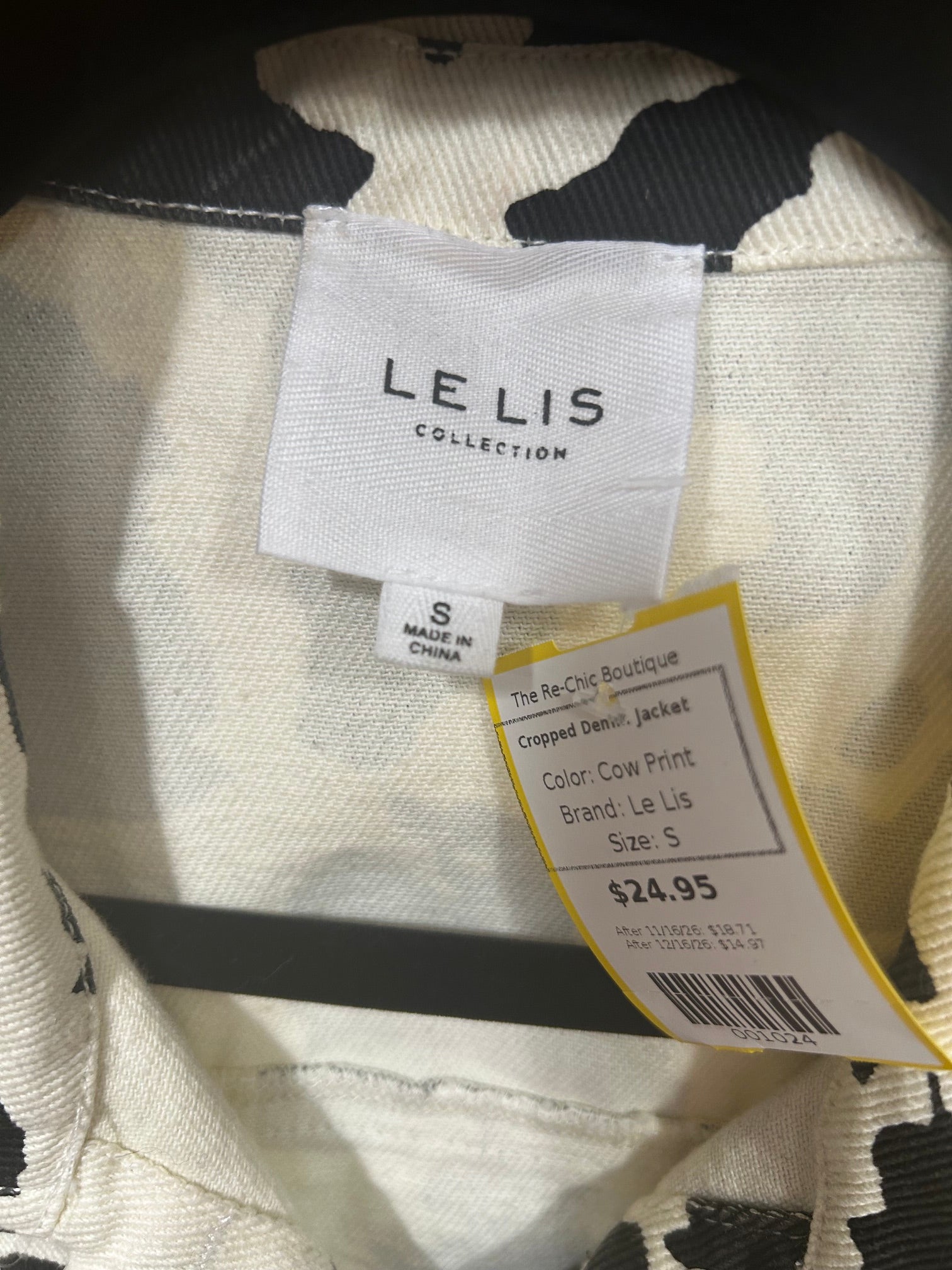 Cow Print Le Lis Cropped Denim Jacket, S