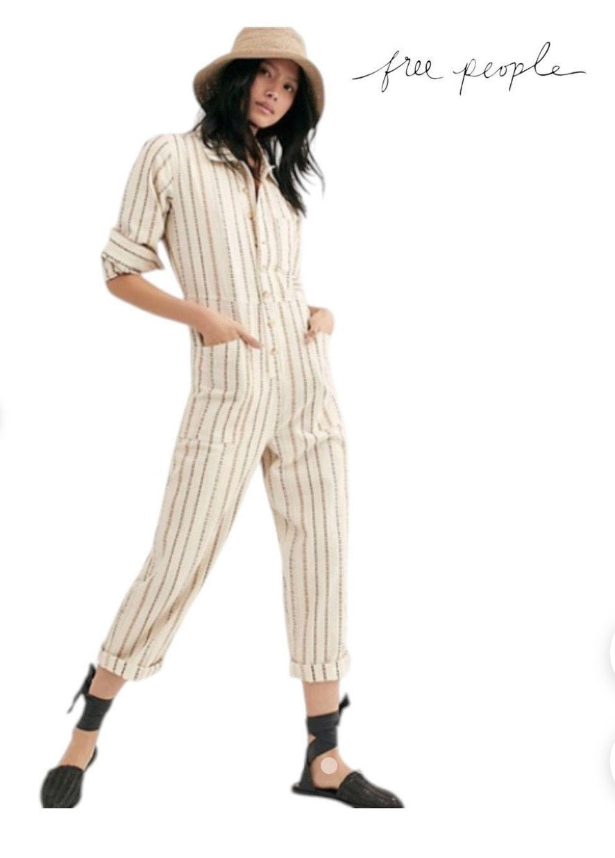 Tan Free People  Gia Yarn Dye Coveralls, M